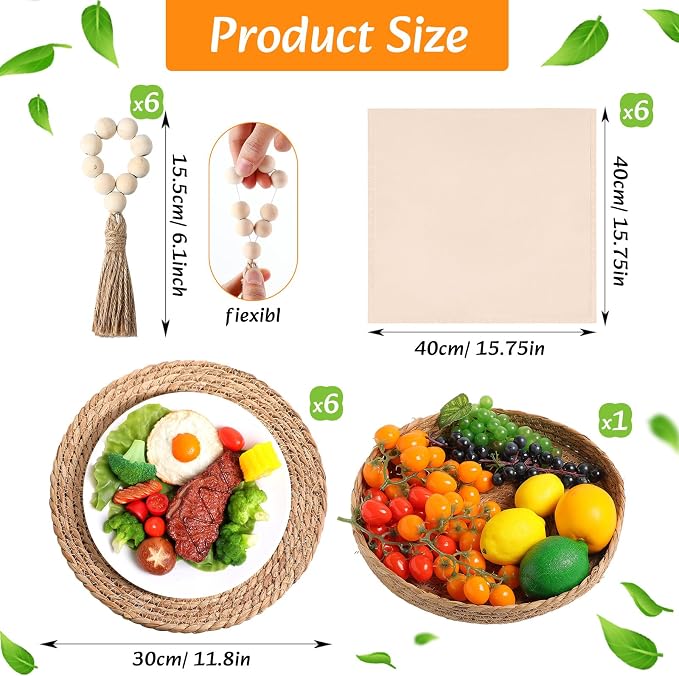 6 Sets Boho Decoration Placemats Round Woven Placemats, Cloth Napkins, Wood - Image 2