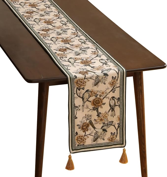 Designer French Linen Extra Long Table Runner, Floral and Bird Pattern by Isaennehomedecoration