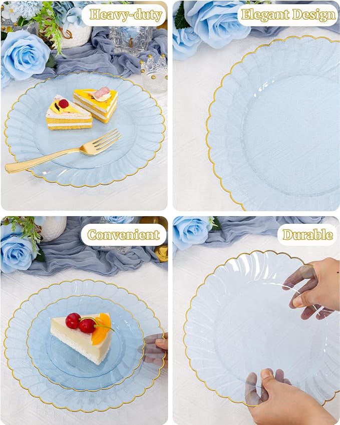 YOUBET 175PCS Clear Blue Scalloped Plastic Plates - Image 8