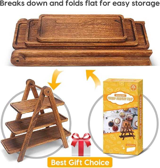Manspdier Wood 3 Tier Serving Tray Three Tiered Cupcake Stand, Rectangle - Image 5