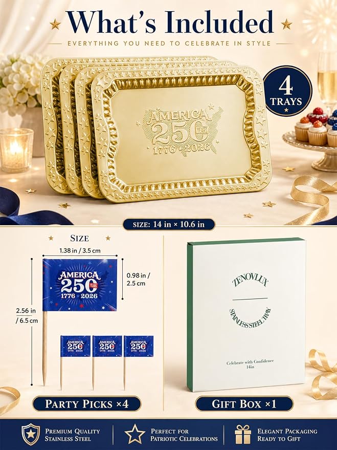 4 Pack 250th Anniversary USA Gold Serving Trays - Image 2