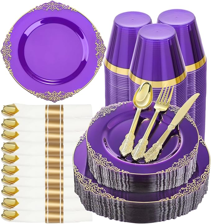 175 Piece Clear Purple Plastic Dinnerware Set by GoodLuck