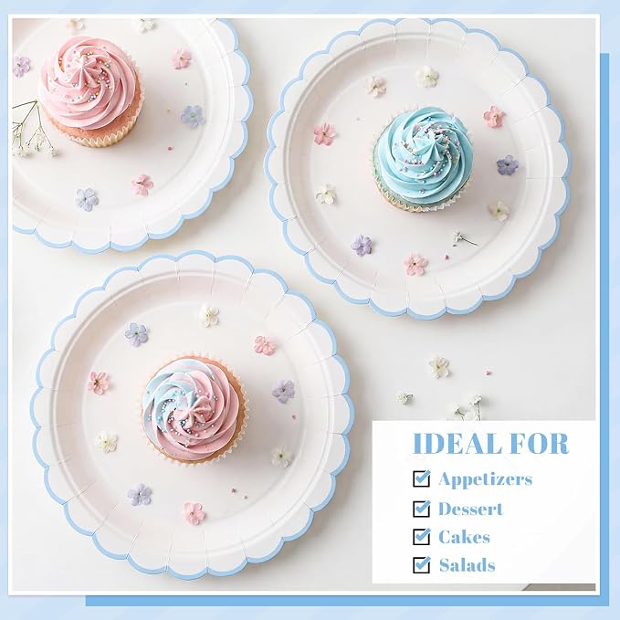 NatNarr 30 Pcs Light Blue Plates 9" Scalloped Blue and White Dessert Plates | - Image 4