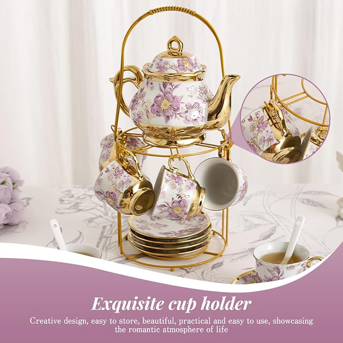 20 Pcs Porcelain Tea Set With Metal Holder, - Image 5