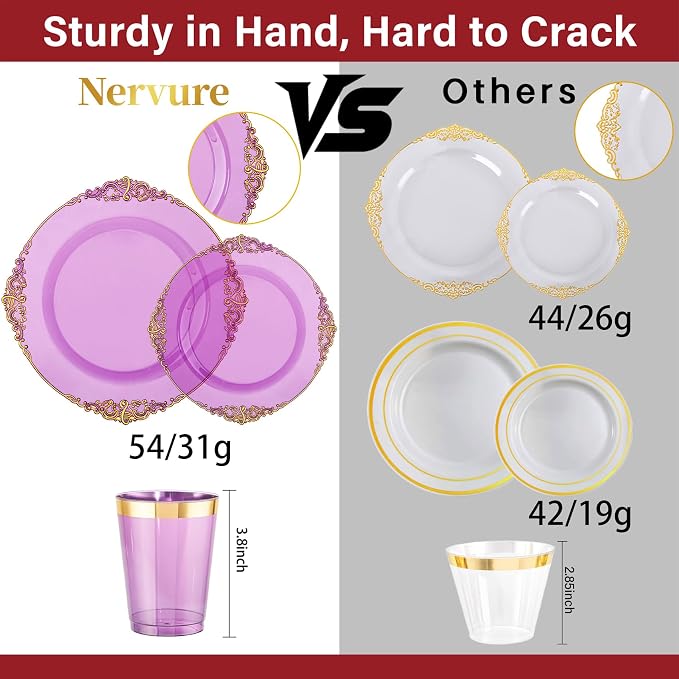 Nervure 175Pcs Clear Purple Plastic Plates, Dinnerware Set - Image 3