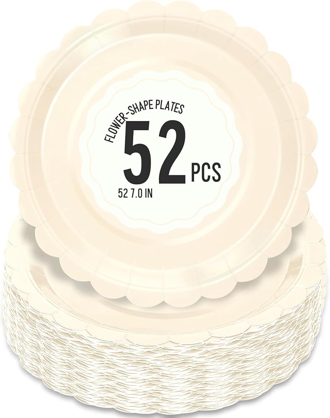 52 Pcs Beige Paper Plates 7 Inch Scalloped Dessert Plates by Polinook-TheAnswerToEveryClutteredSpace