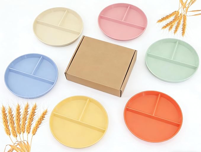 9-Inch Large Multicolor Wheat Straw Divided Plates – 6Pack Unbreakable by Falichchch