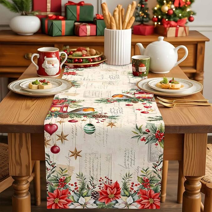 Christmas Poinsettia Table Runner 90 Inches Long, Winter Xmas Balls Birds Table - Image 5