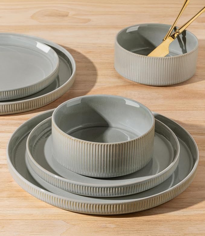 Ceramic Dinnerware Set for 4, 12-Piece Plates and Bowls Set | Lightweight - Image 4