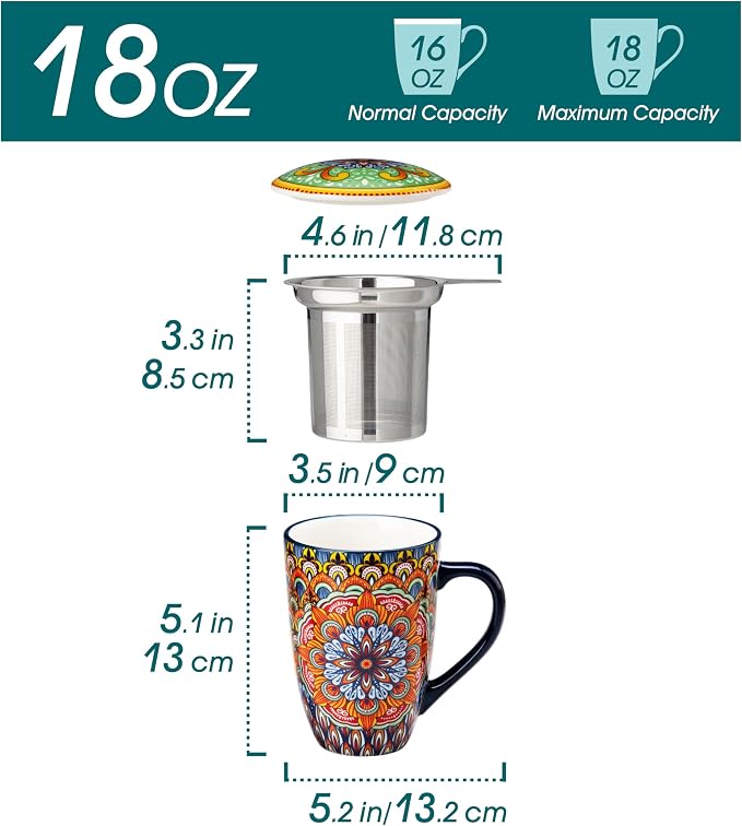 vancasso Ceramic Tea Mug with Infuser and Lid, 18 Ounce Bohemian Loose Leaf Cup - Image 2