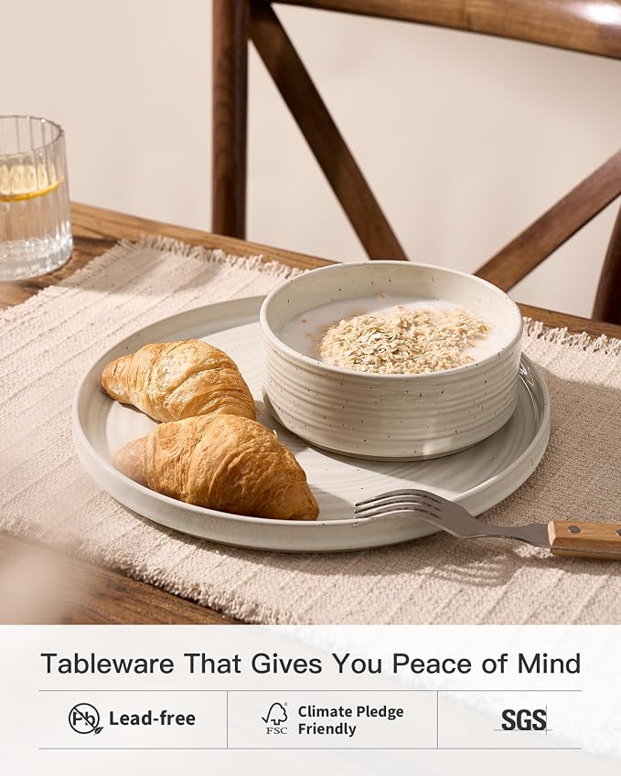 Stoneware Dinnerware Sets for 8, Reactive Glaze Plates & Bowls, Shell Beige | - Image 3