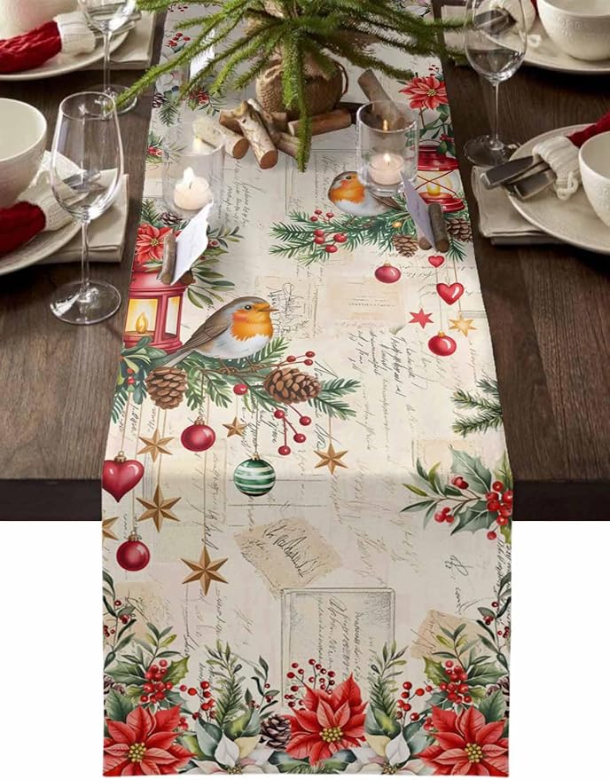 Christmas Poinsettia Table Runner 90 Inches Long, Winter Xmas Balls Birds Table by Unknown