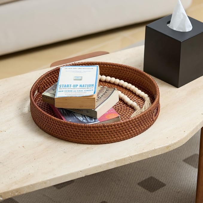 13.8 inch Round Rattan Tray, Decorative Coffee Table Tray, Ottoman Trays - Image 2