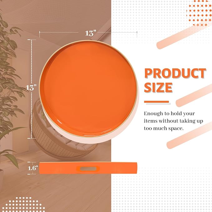 13" Orange Decorative Tray, Plastic Round Serving Tray - Image 2