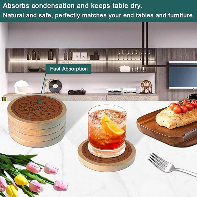 5 Pack Wood Coasters for Drinks, Minacun Absorbent Coaster Set, Drinks Coasters - Image 4
