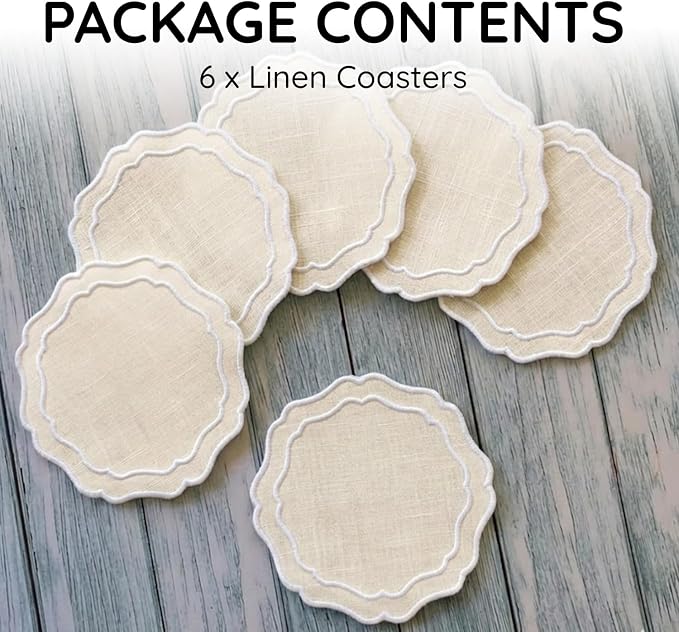 Linen Coasters for Drinks, 4.5 inch, Oyster | Absorbent Linen Drink Mats - Image 2