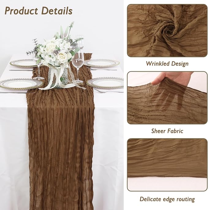 8 Pack Light Brown Cheesecloth Table Runner 120 Inch Boho Wedding Decor | - Image 3