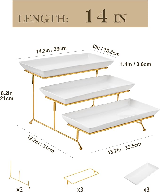 MALACASA 3 Tier Serving Trays for Party, 14 Inch Porcelain White Trays for - Image 2