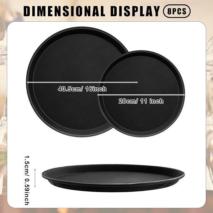 Zopeal 8 Pieces Black Round Restaurant Serving Tray, Plastic Non Slip Surface - Image 2