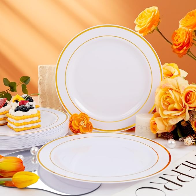 bUCLA 30PCS White and Gold Plastic Dinner Plates Disposable - Image 5