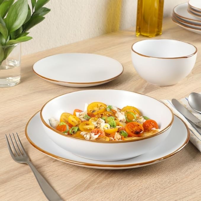 Gibson Home Hazeltine 16-Piece White Stoneware Dinnerware Set – Plates and Bowls - Image 2