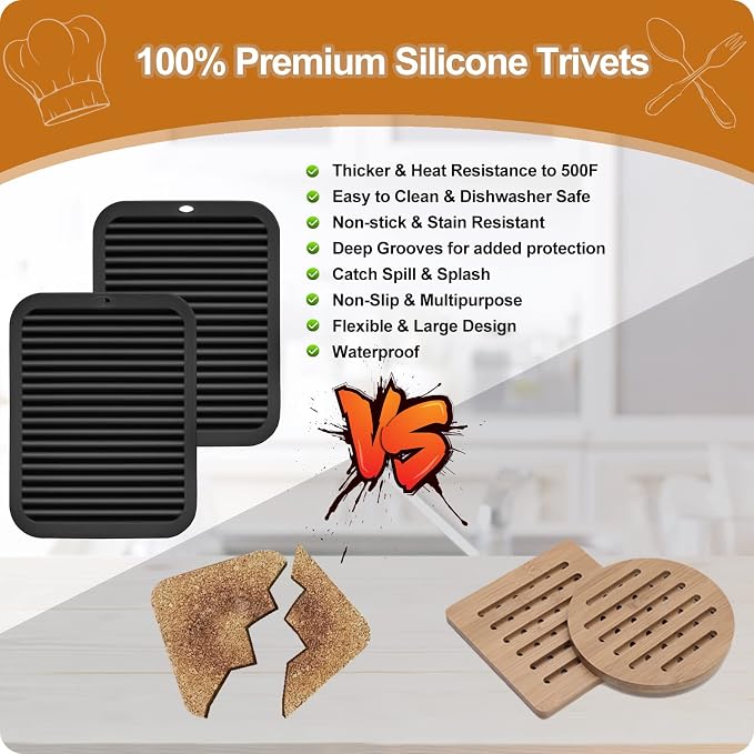 2 Pack Square Trivets for Hot Dishes | 9*12in Silicone Hot Pads for Kitchen - Image 4