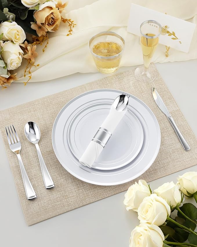 200 PCS Silver Dinnerware Set, Party Plastic Plates - Image 3