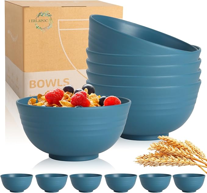 26 OZ Wheat Straw Bowls Set of 6, Reusable Plastic Kitchen Bowls, Unbreakable by Perlapoc