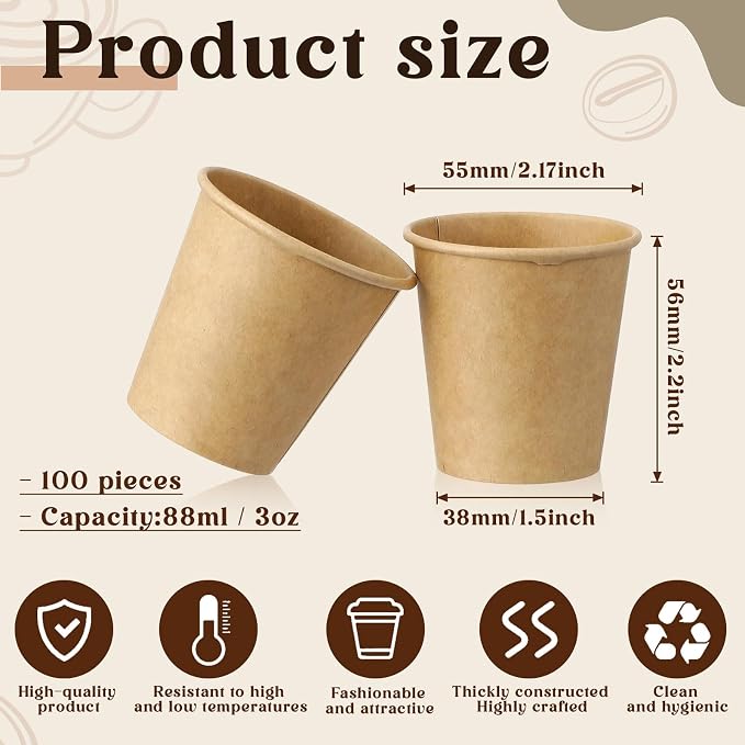 100 Pack 3oz Mini Coffee Cups Disposable Paper Cups Hot or Cold Beverage Cup - Image 2