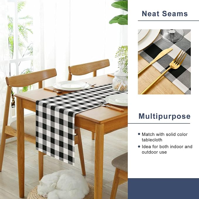 Buffalo Plaid Table Runner Black and White 14W x 48L, 1 Piece | Waterproof - Image 4