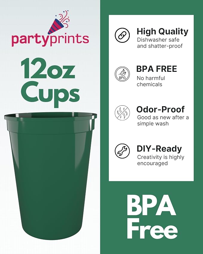 PartyPrints 100 Pack Small 10 to 12 oz Kelly Green Reusable Blank Plastic Cups - Image 2