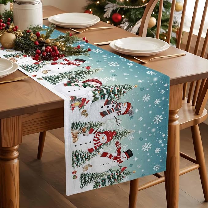 Teal Christmas Snowman Table Runner 36 Inches Long, Xmas Trees Snowflake Table - Image 3