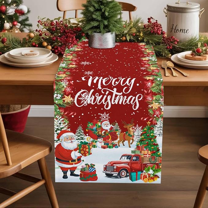 Merry Christmas Table Runner 72 Inches Long, Santa Xmas Tree Snowflake Table - Image 2