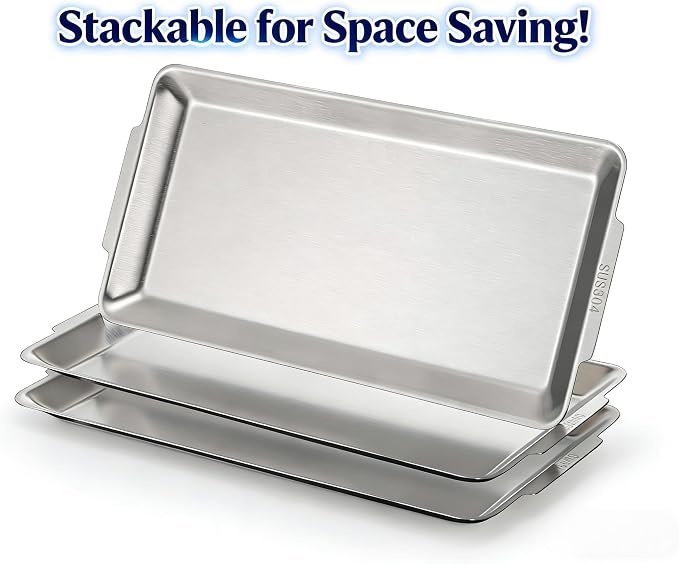 3 Packs 304 Stainless Steel Serving Platters, Rectangle Metal Dinner Plates - Image 3