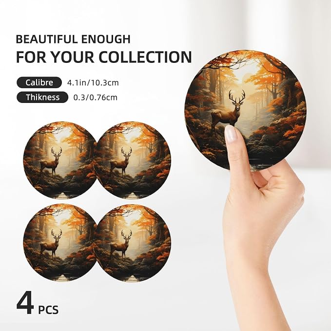 Forest Deer Animal Coasters for Drinks Absorbent Round Ceramic Coasters Set of - Image 3