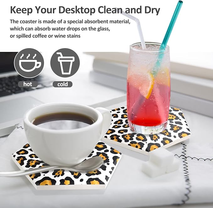 8 Pcs Drink Coasters with Metal Holder Stand, Leopard Print Design Ceramic - Image 4