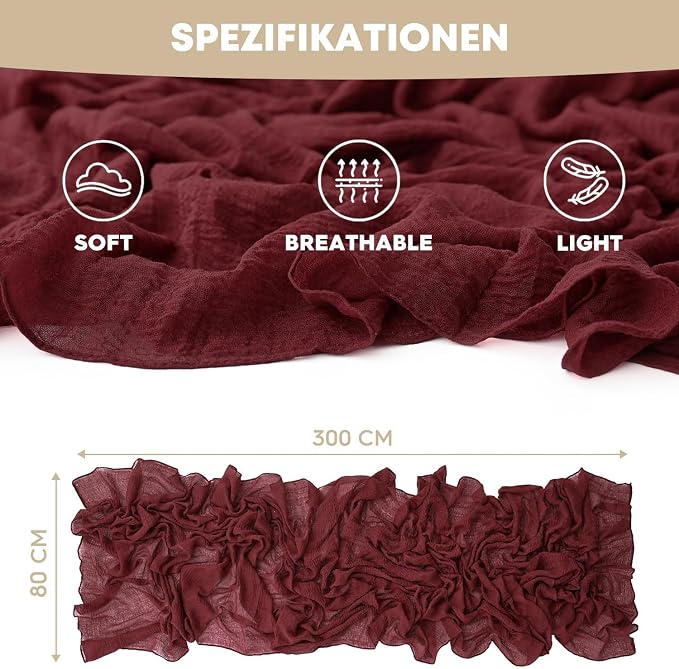 Artoid Mode Boho Cheesecloth Gauze Burgundy Wedding Table Runner, 120 Inch - Image 5