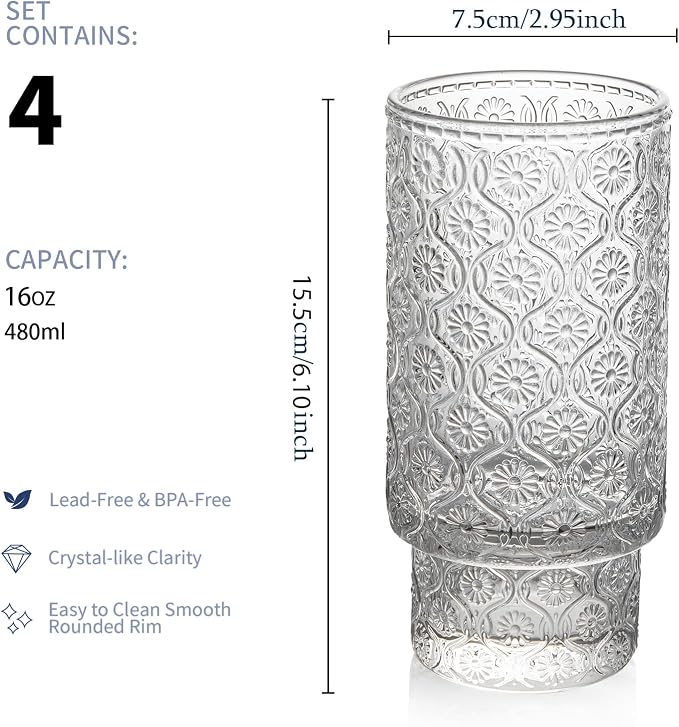 Drinking Glasses Set of 4, 16oz Textured Flower Design Cocktail Glasses - Image 2