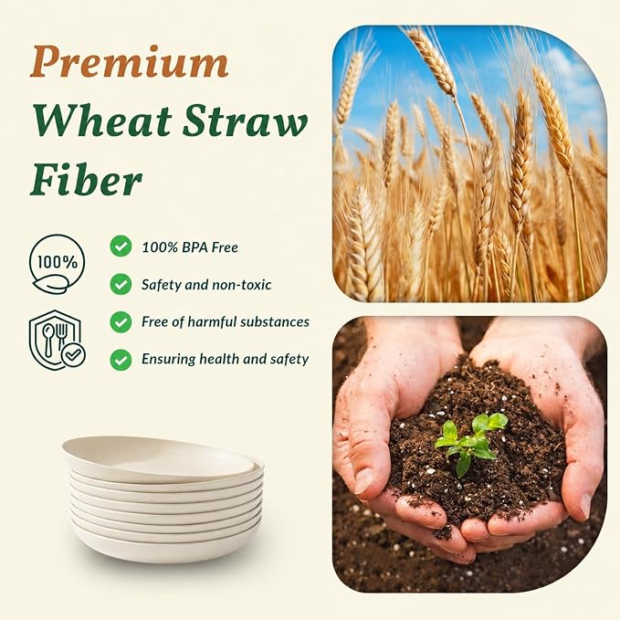 Wheat Straw Dinner Plates Set of 8, Unbreakable, Dishwasher & Microwave Safe - Image 3