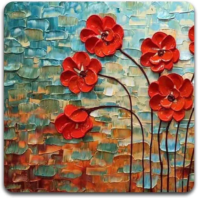 Red Oil Painting Square Coaster Set - Image 3