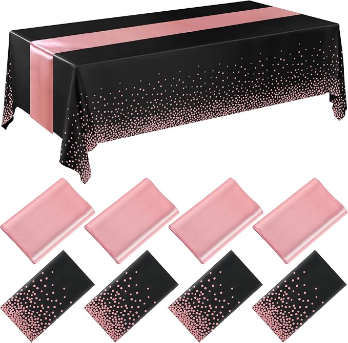8 Pack Black and Rose Gold Disposable Plastic Tablecloths and Satin Table by Breling