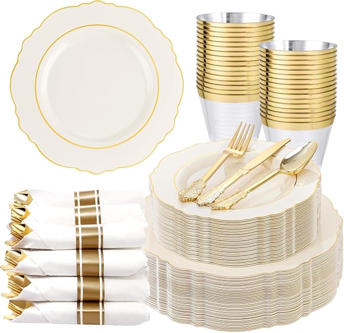 350PCS Ivory Plastic Plates-Cream Disposable Plates by Liacere