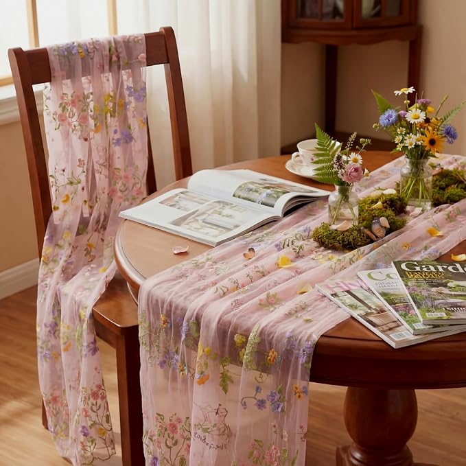 Pink Floral Table Runner 10ft Embroidery Tulle Spring Wildflower Table Runner - Image 5