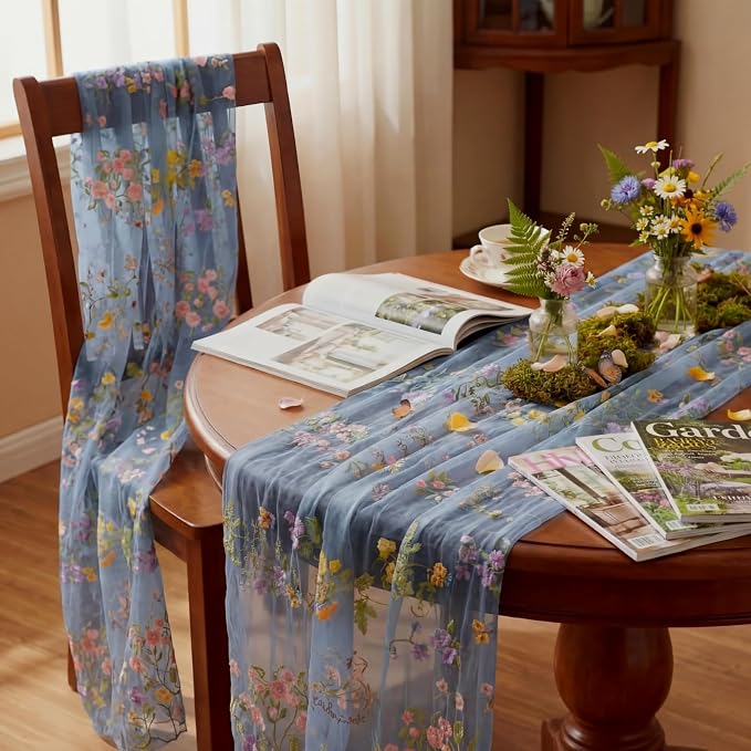 Blue Floral Table Runner 10ft Embroidery Tulle Spring Wildflower Table Runner - Image 5