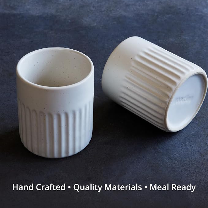 Goodies White Ribbed Water Cups, Handmade Ceramic, Dishwasher Safe, Microwave - Image 3