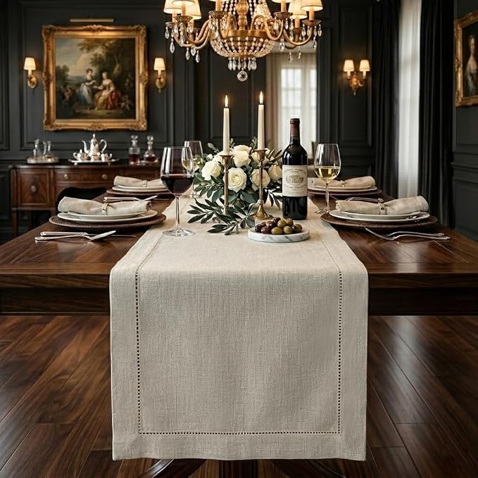 Signature Linen™ by D'Moksha Light Natural Table Runner 108 Inches Long by DMokshaHomes