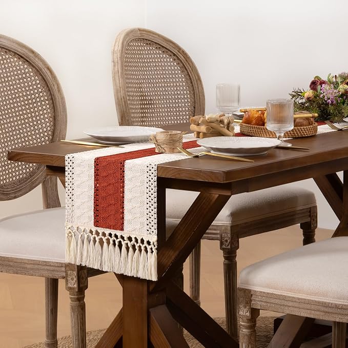 DeZerlor Boho Macrame Table Runner Terracotta Farmhouse Woven Small Table Runner - Image 3