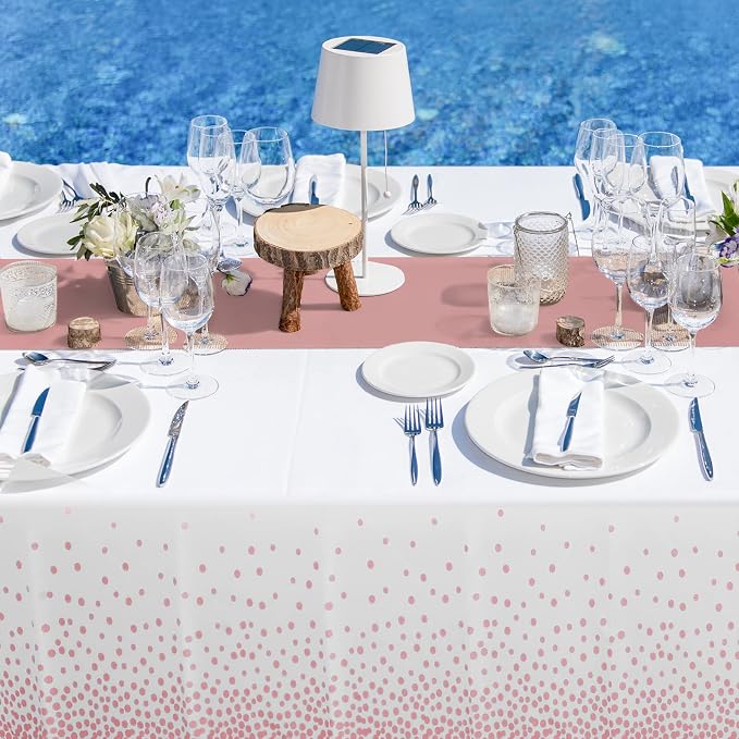 12 Pack Disposable Plastic Tablecloths and Satin Table Runner Set White and - Image 5