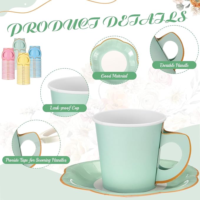 Umigy 36 Sets Pastel Tea Party Decorations 6.5 oz Paper Teacups & Saucer Set - Image 3