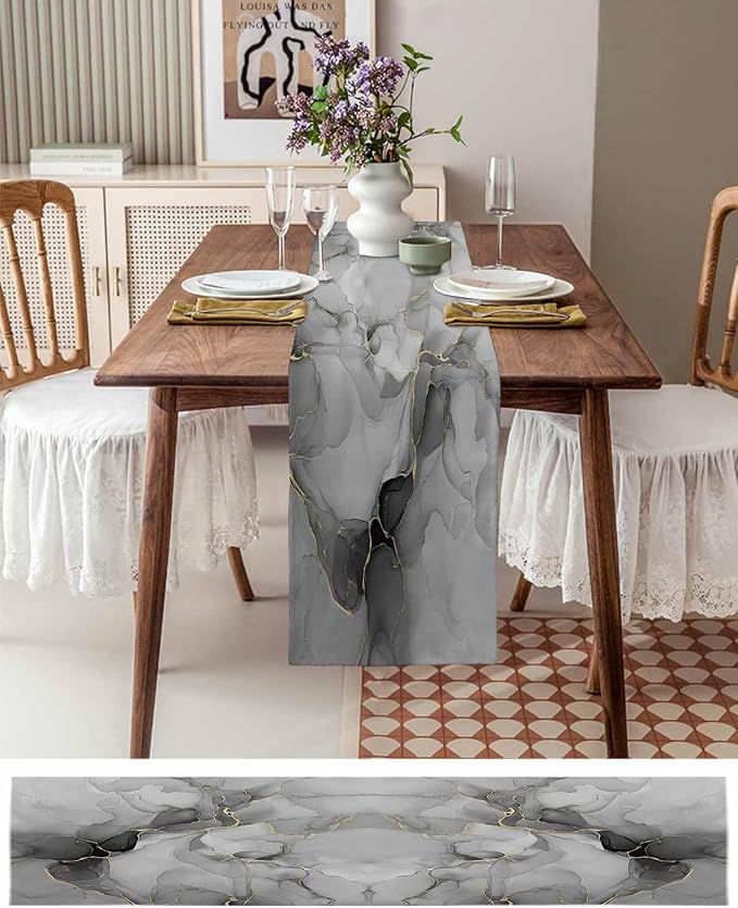 Grey Marble Table Runners 108 Inches Long, Cotton Linen Fabric Table Runner - Image 6